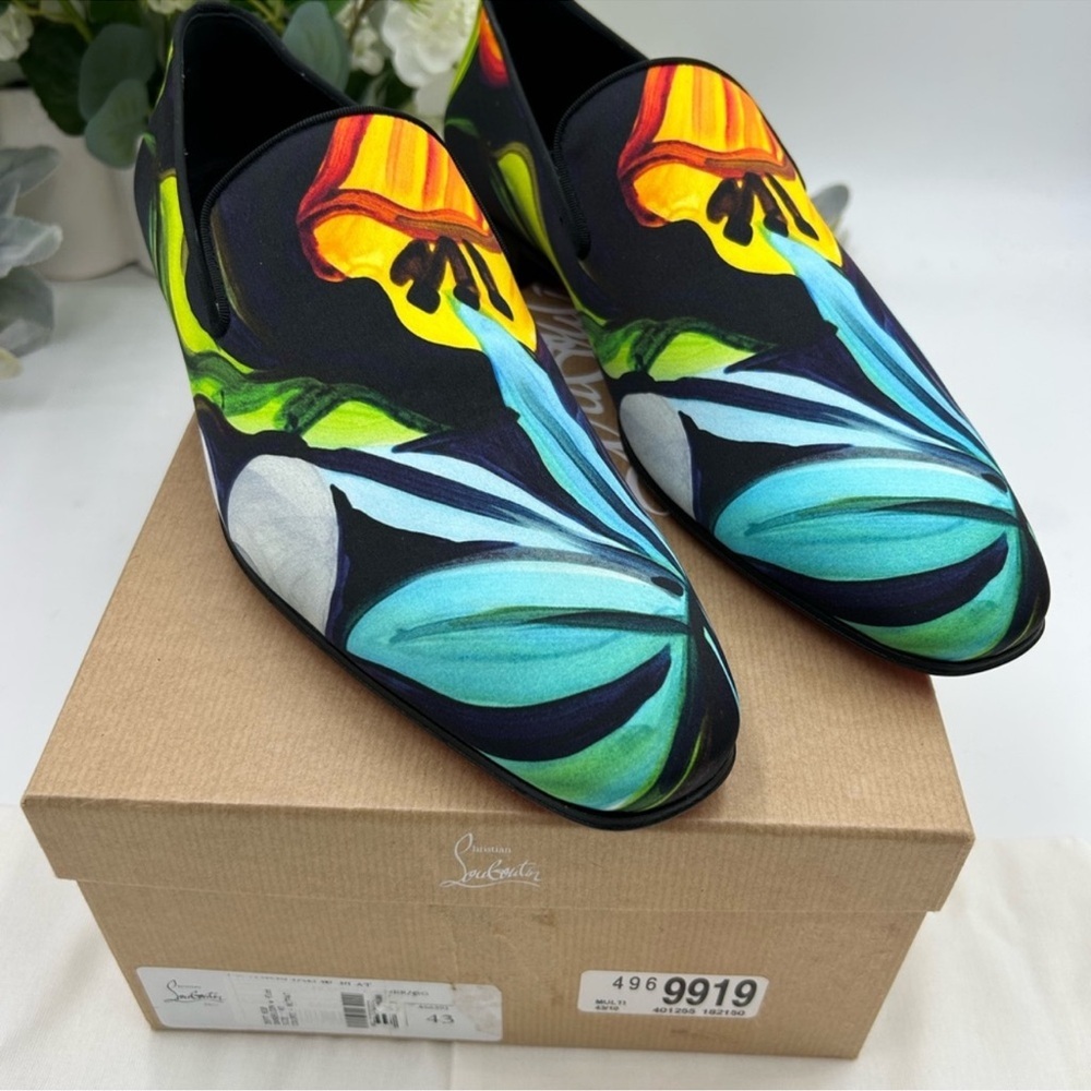 Men’s Christian Louboutin dandy check satin loafers multicolor floral size 43 - Picture 2 of 9